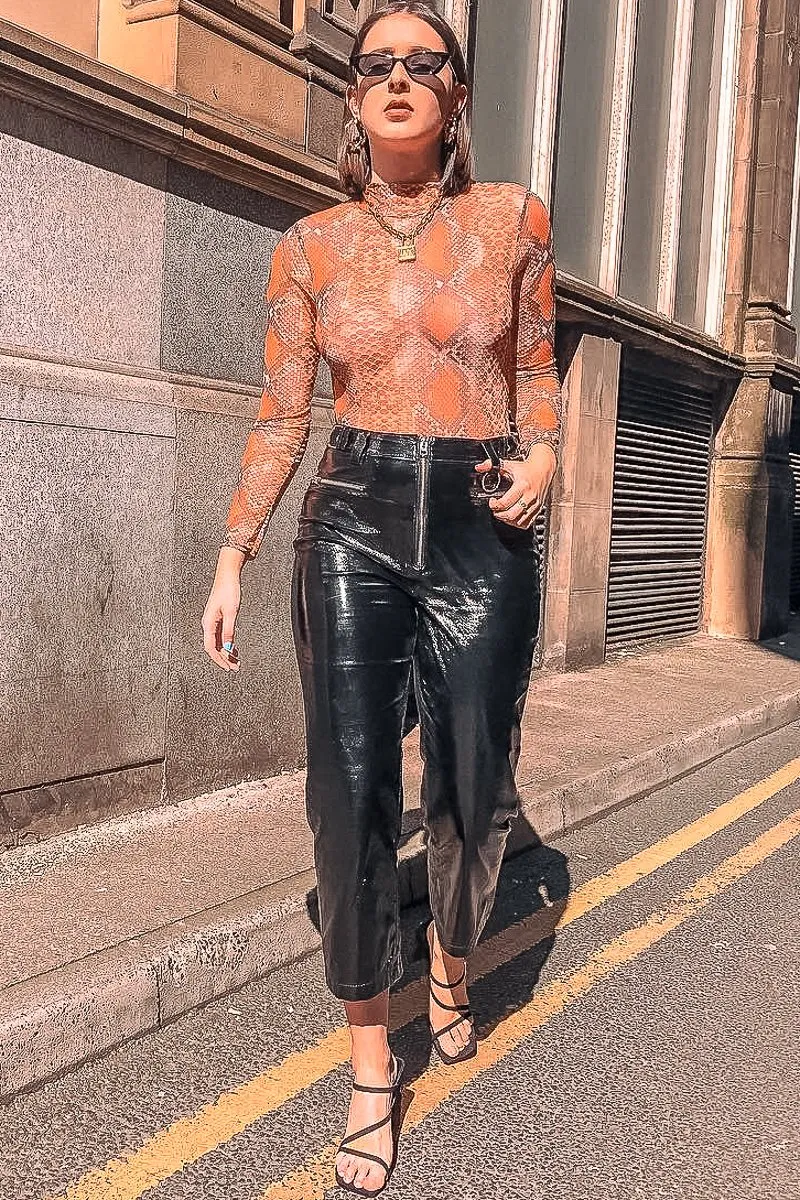 Orange Snake Print Slinky High Neck Bodysuit - Abira