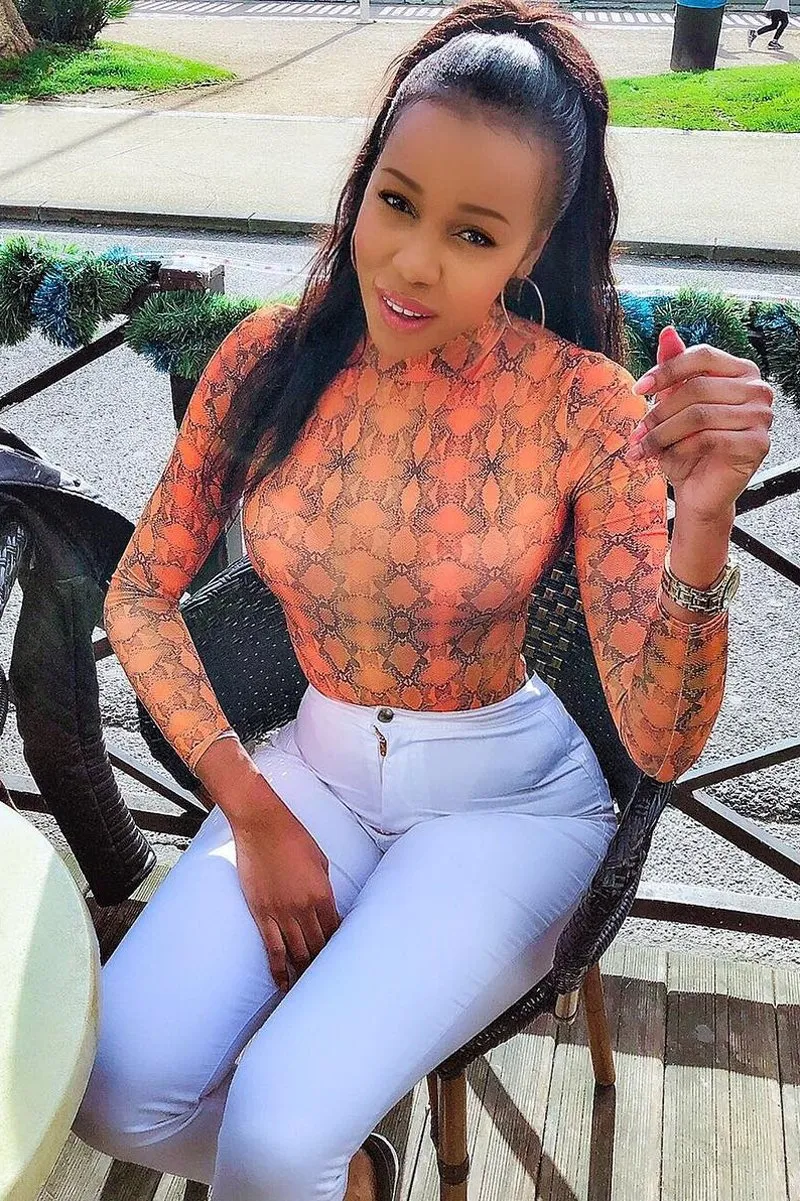 Orange Snake Print Slinky High Neck Bodysuit - Abira