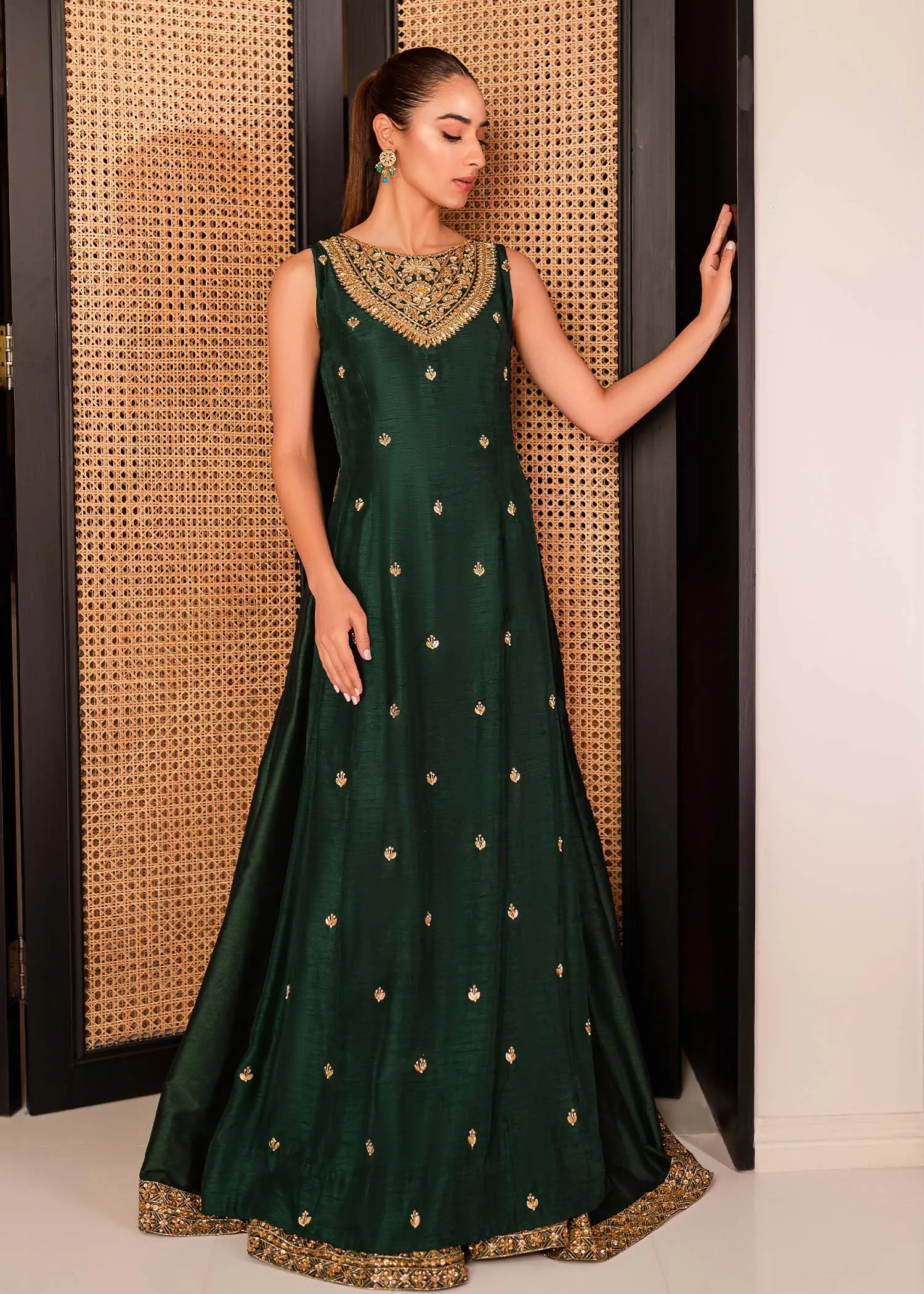 Pakistani Wedding Dress in Green Pishwas Maxi Style