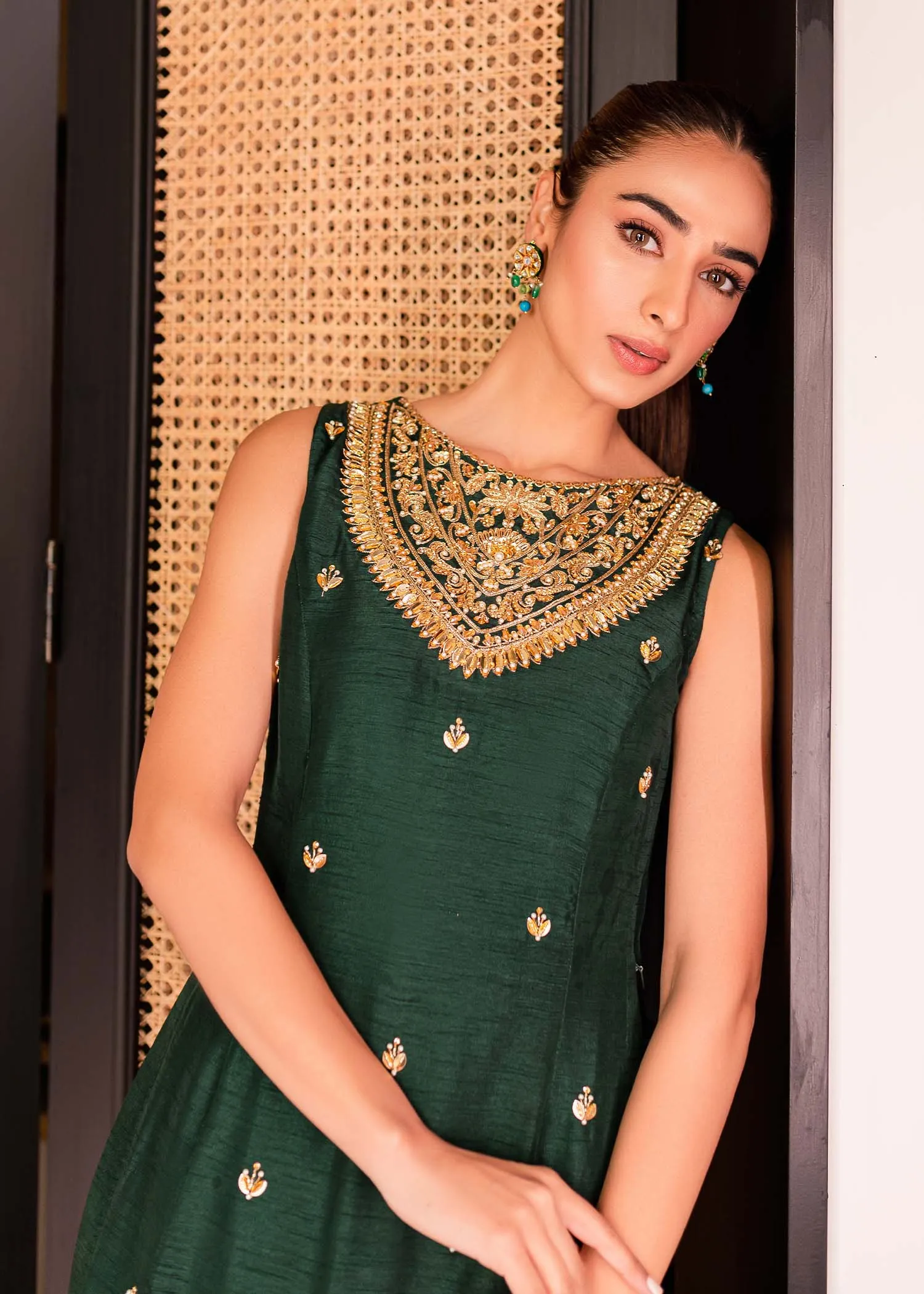 Pakistani Wedding Dress in Green Pishwas Maxi Style