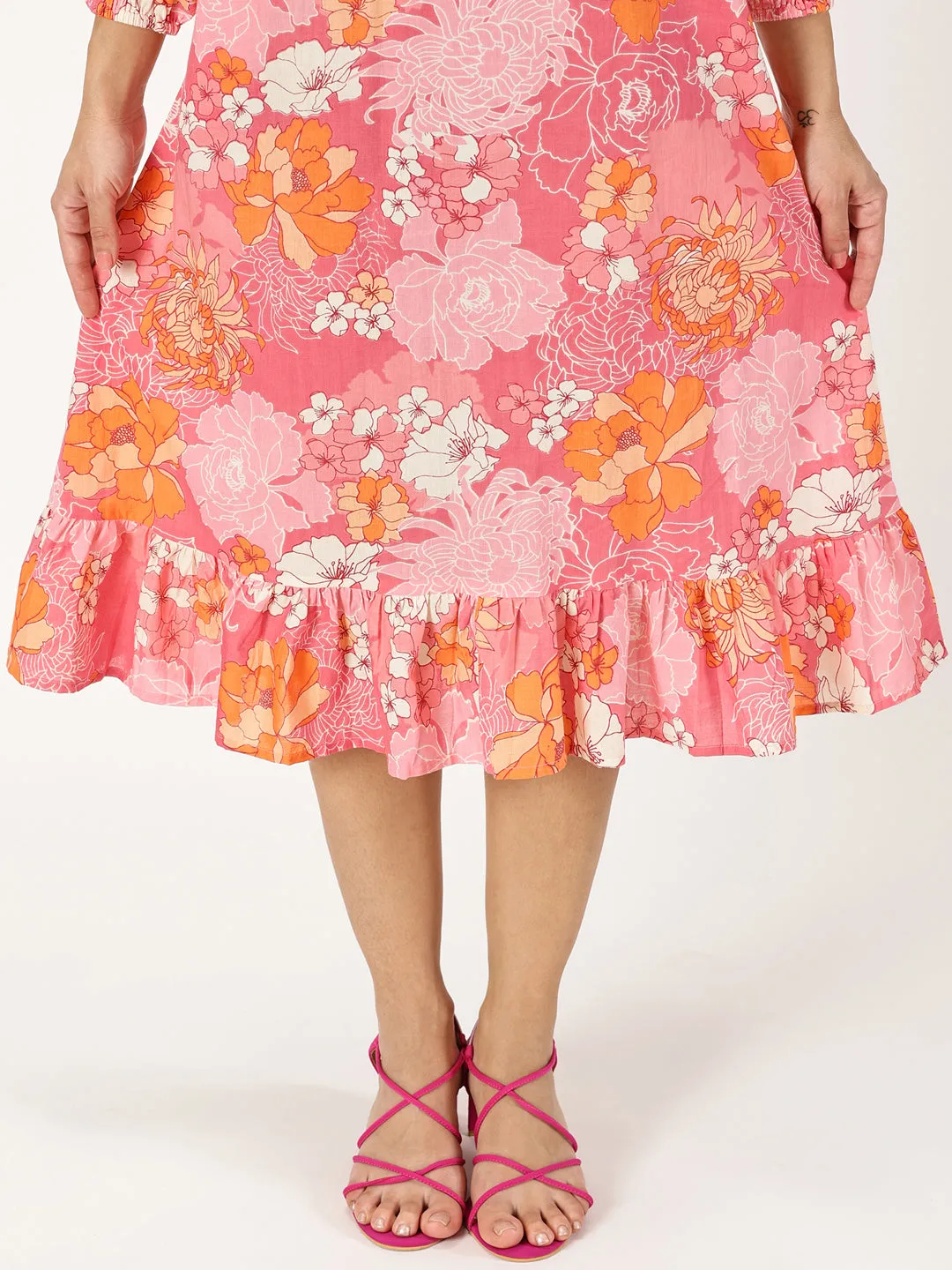 Pink Floral Print Midi Dress