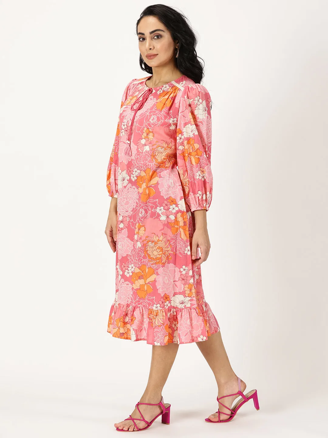 Pink Floral Print Midi Dress