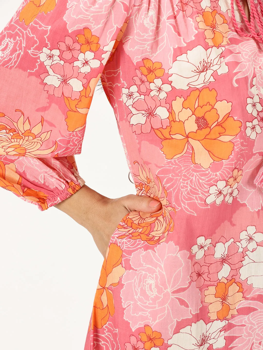 Pink Floral Print Midi Dress