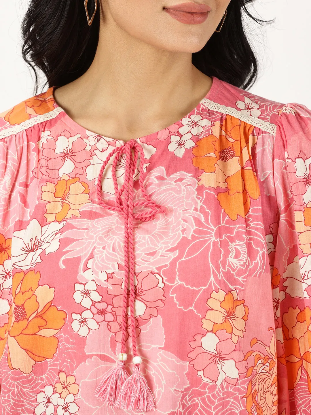 Pink Floral Print Midi Dress