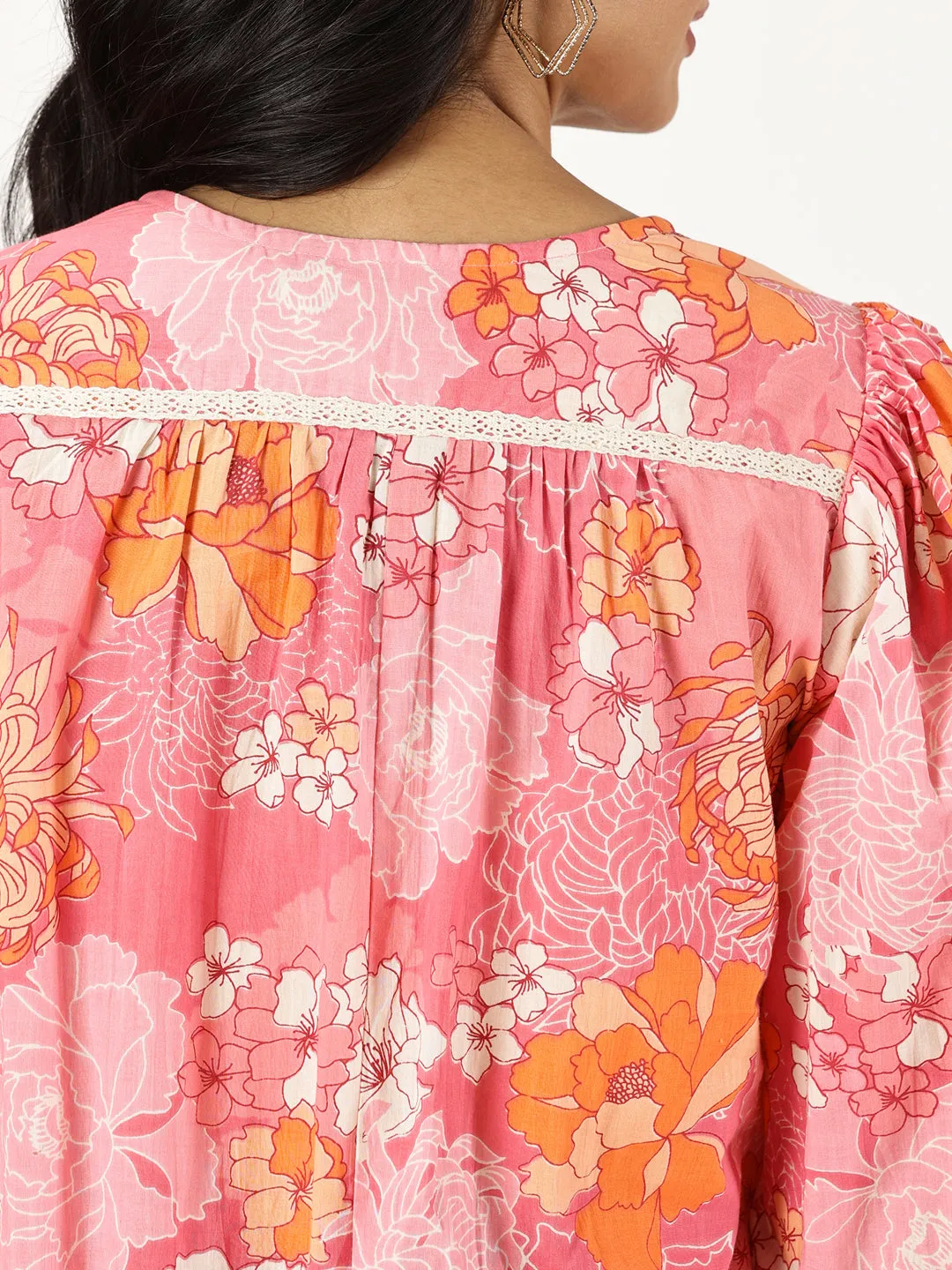 Pink Floral Print Midi Dress