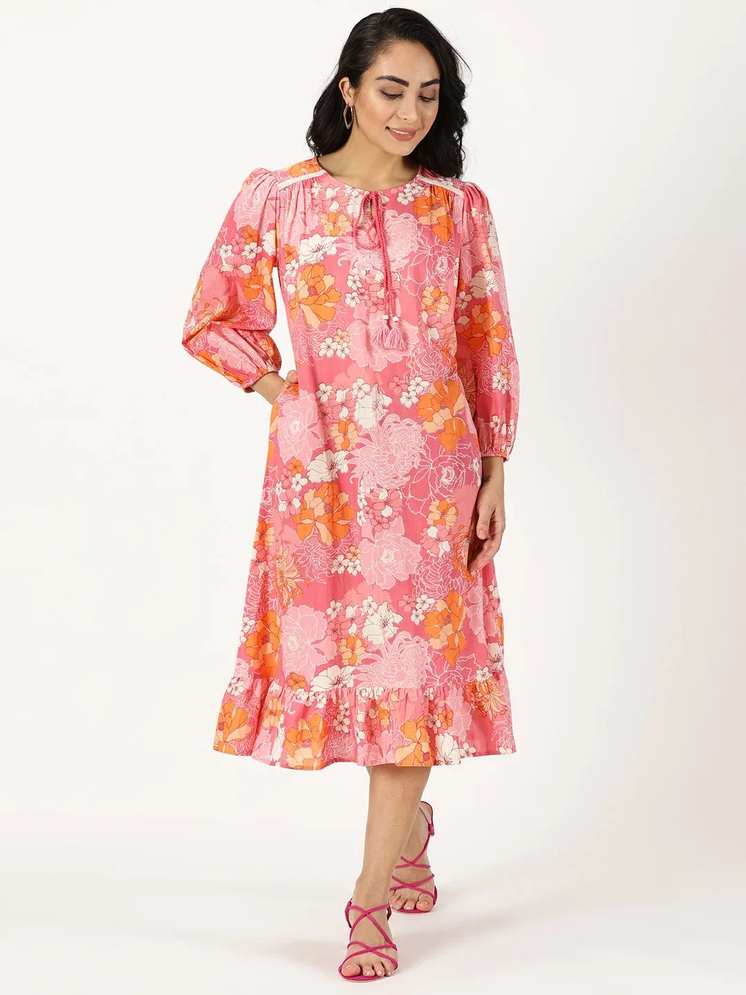 Pink Floral Print Midi Dress