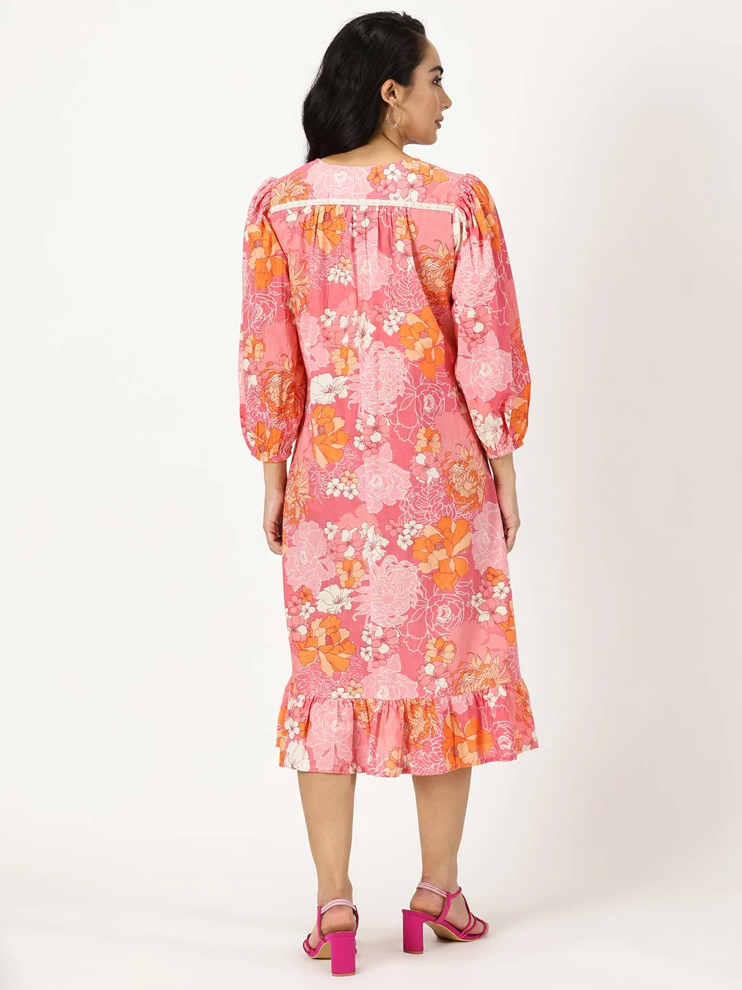 Pink Floral Print Midi Dress