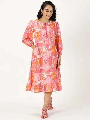 Pink Floral Print Midi Dress