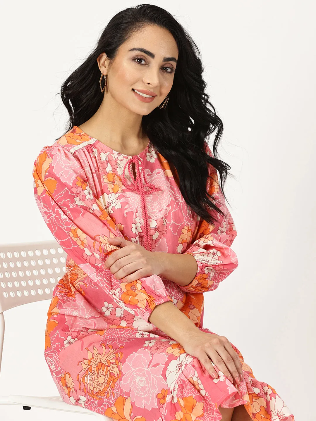 Pink Floral Print Midi Dress