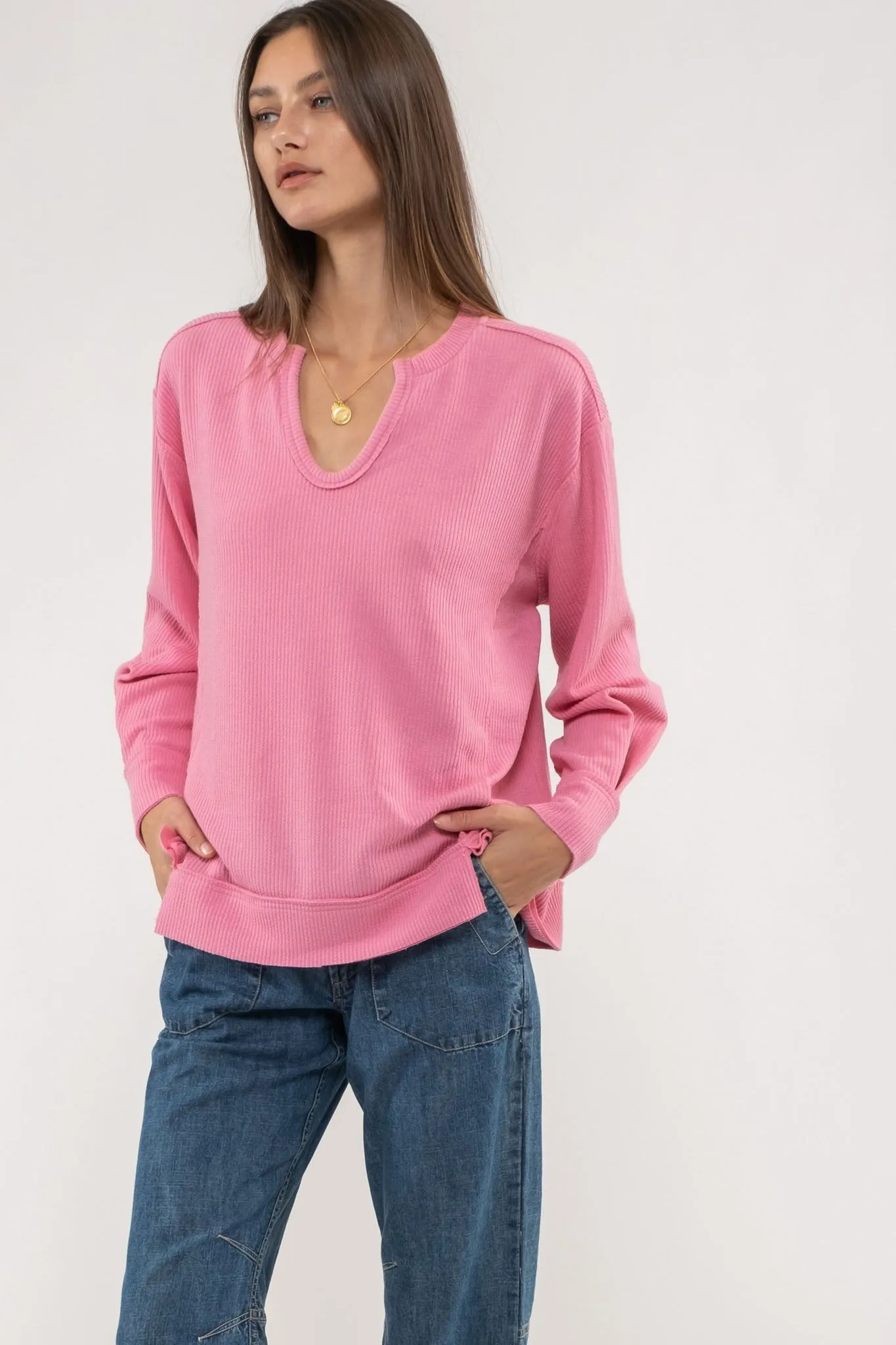 Plus Raw Edge Split Neck Top - Pink