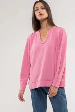 Plus Raw Edge Split Neck Top - Pink