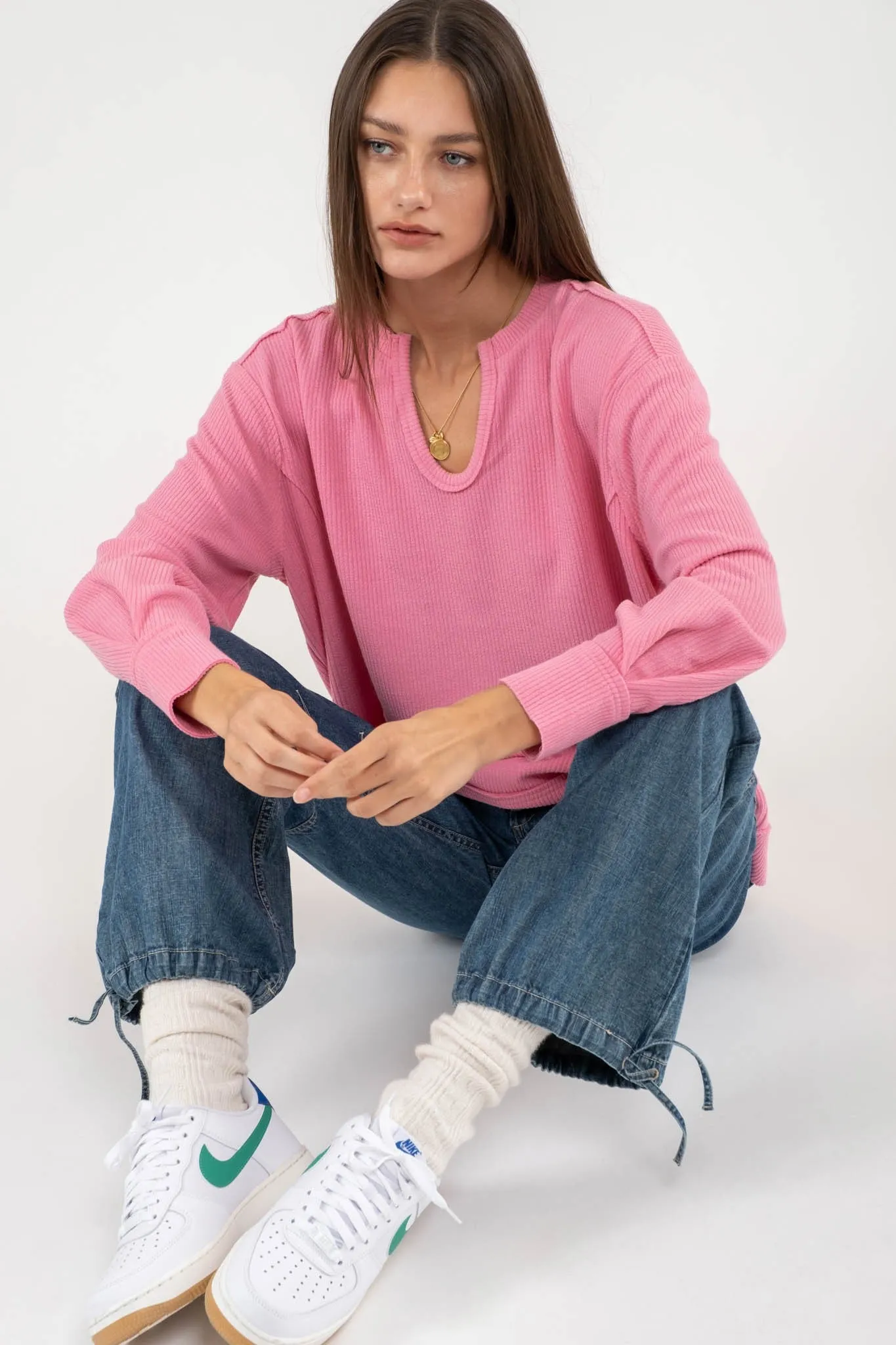 Plus Raw Edge Split Neck Top - Pink
