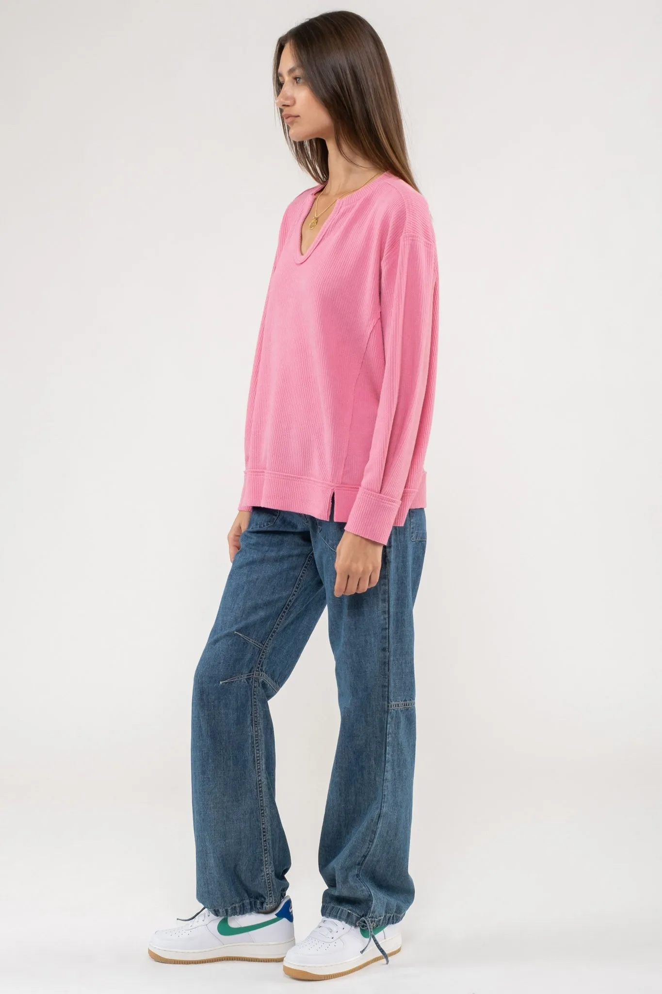 Plus Raw Edge Split Neck Top - Pink