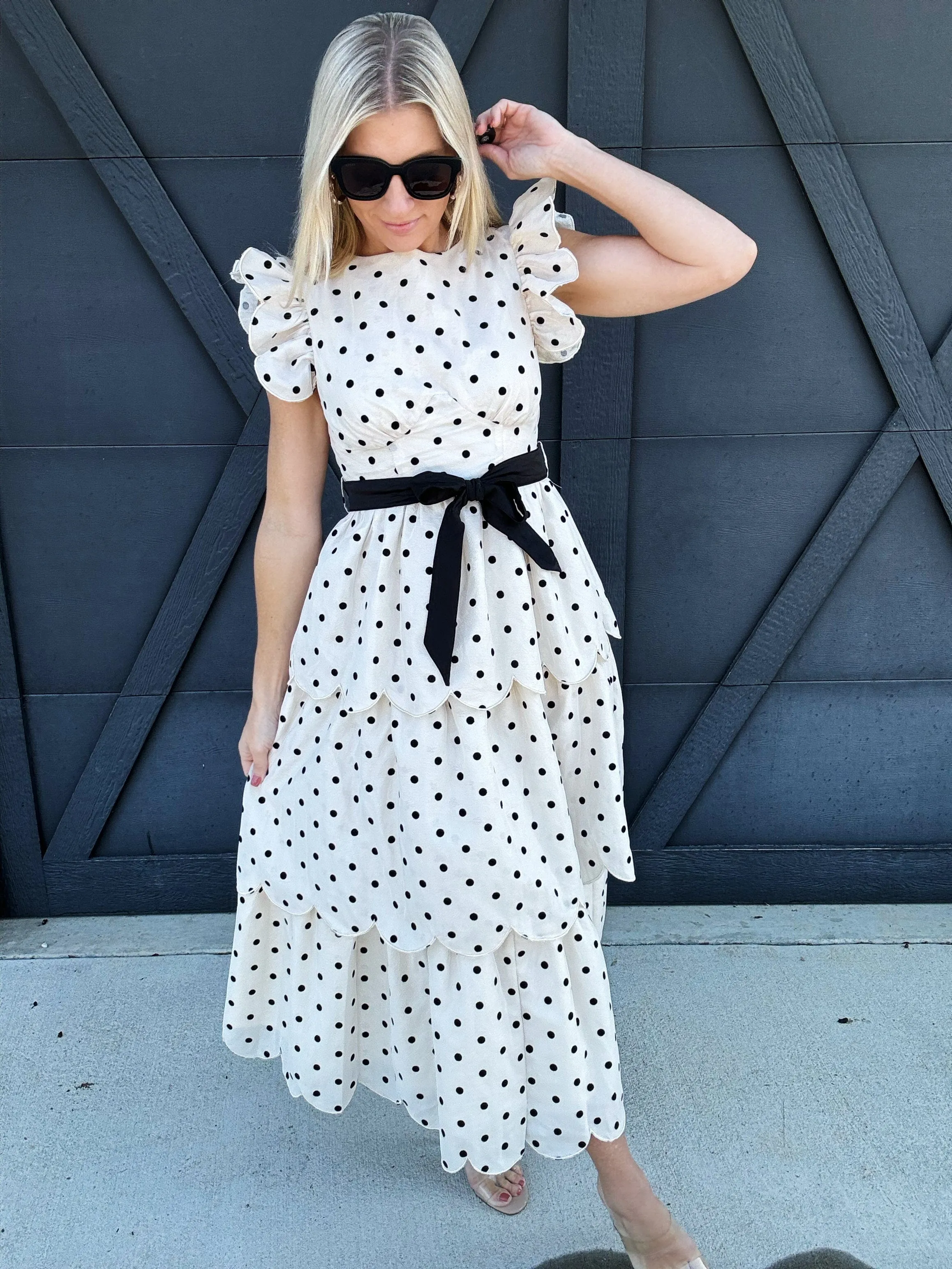 Polkadot Scalloped Ruffle Tiered Midi Dress