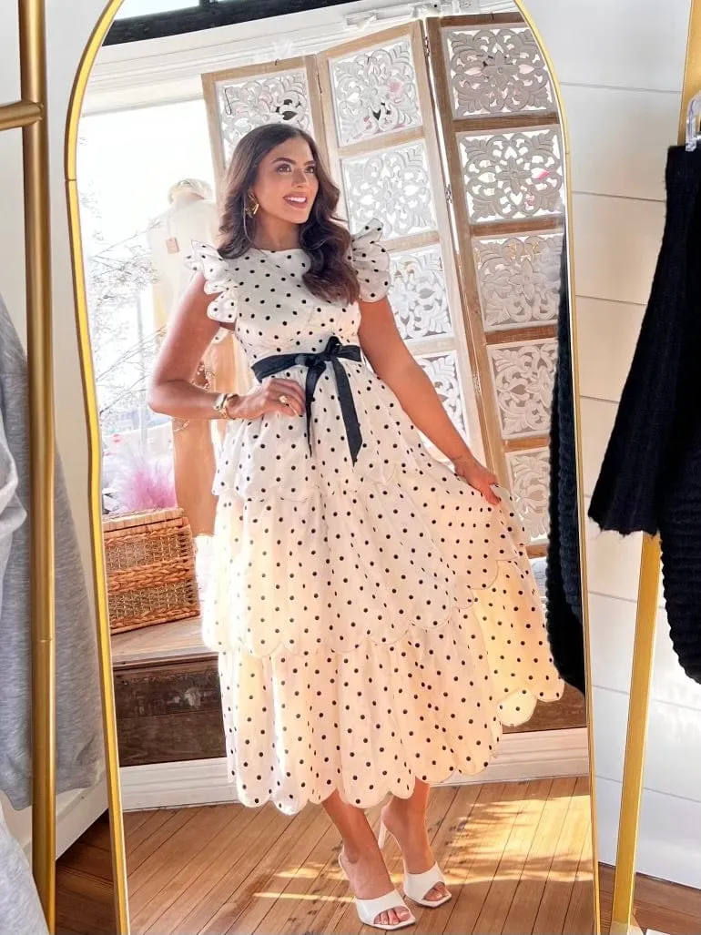 Polkadot Scalloped Ruffle Tiered Midi Dress