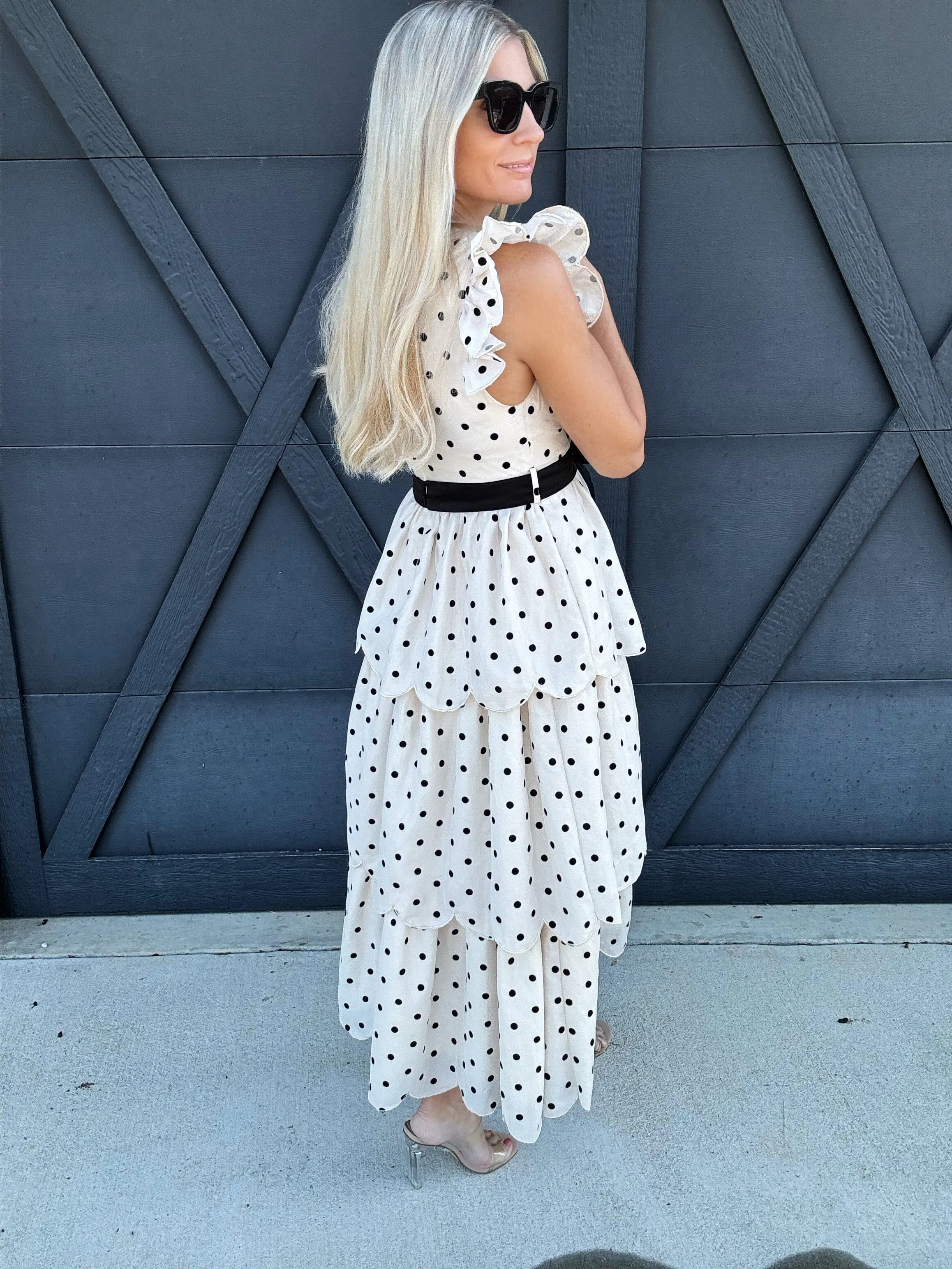 Polkadot Scalloped Ruffle Tiered Midi Dress