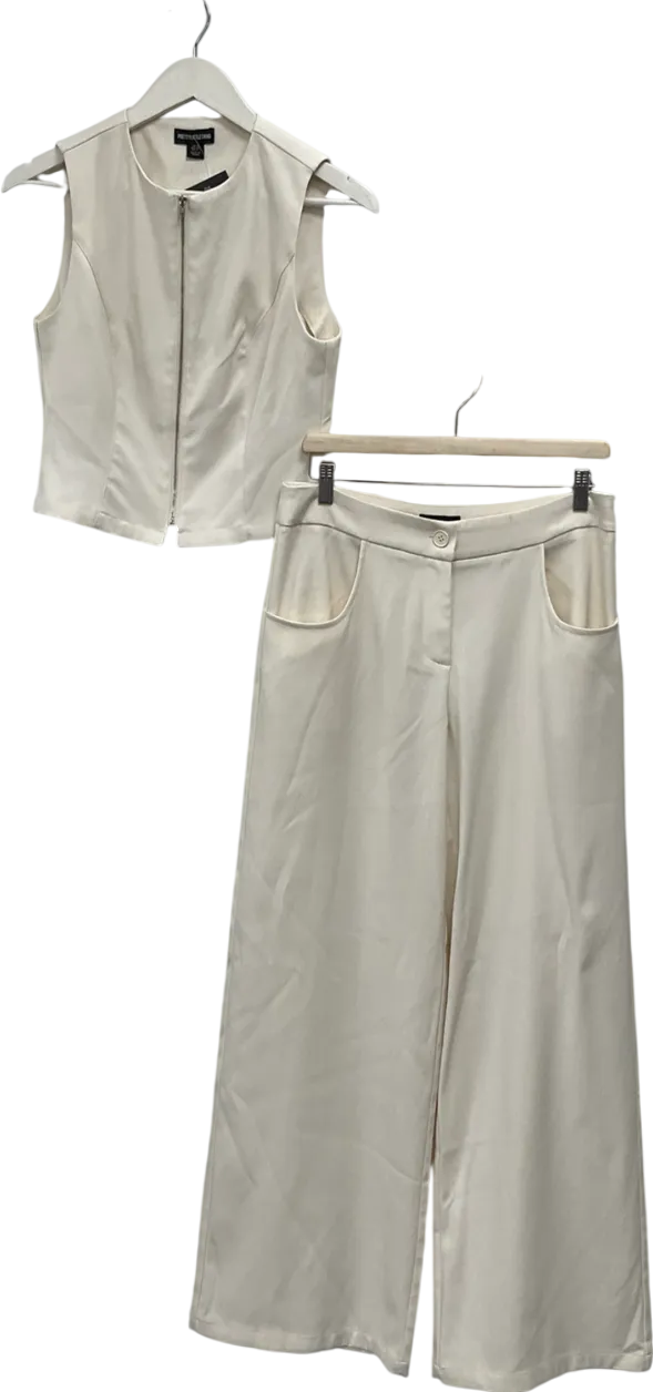PrettyLittleThing Cream Premium Woven Zip Up Detail Sleeveless Top & Woven Tailored Wide Leg Belt Detail Trousers UK 10
