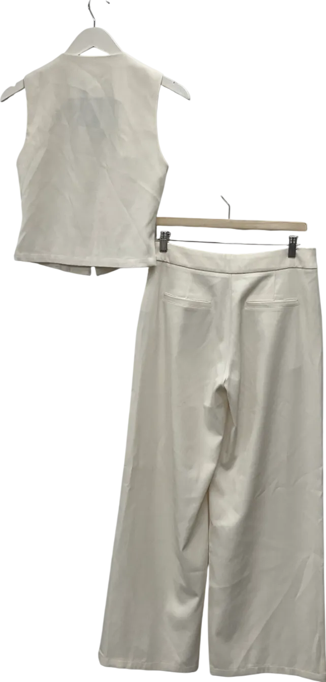PrettyLittleThing Cream Premium Woven Zip Up Detail Sleeveless Top & Woven Tailored Wide Leg Belt Detail Trousers UK 10