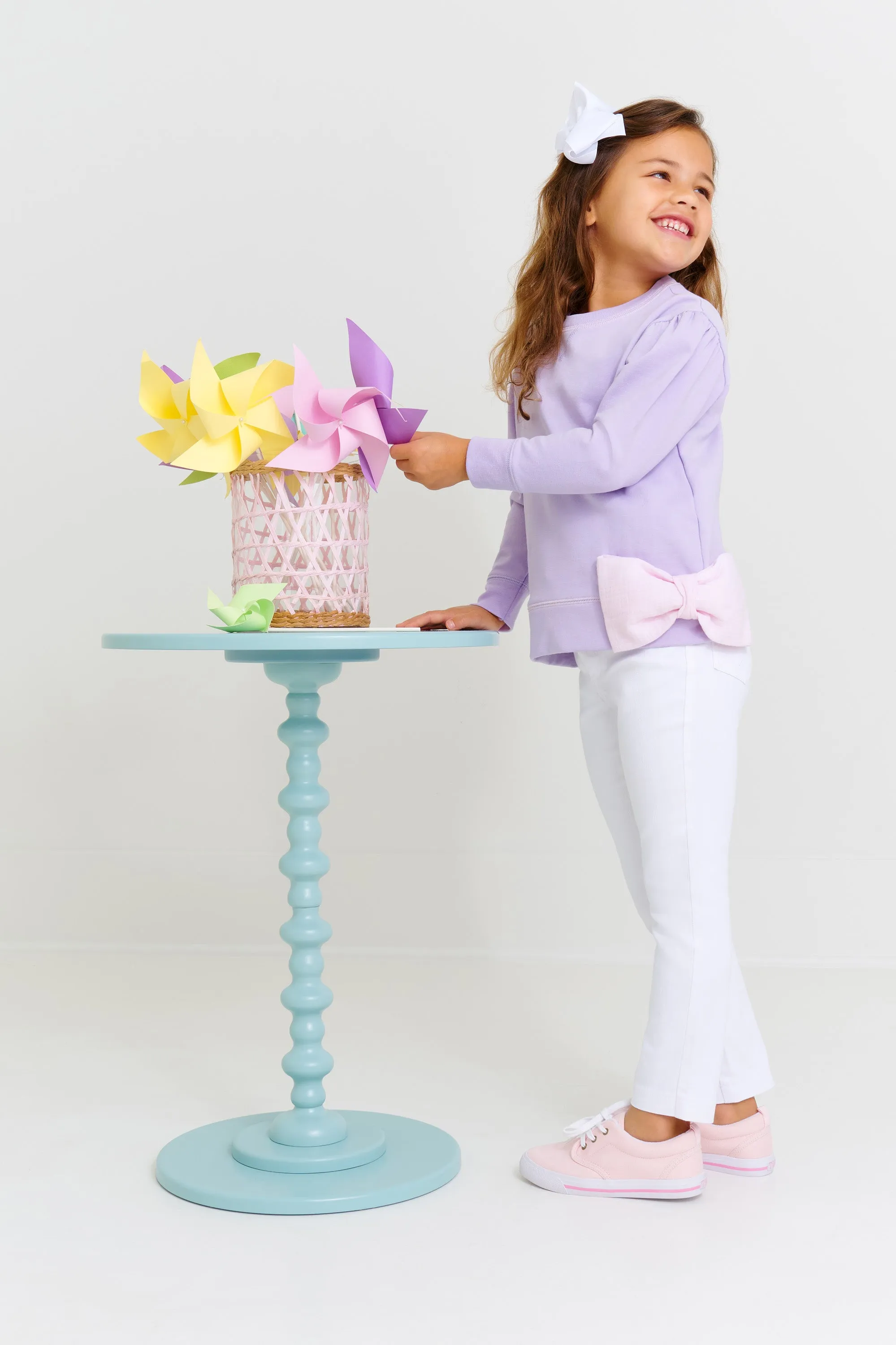 Puff Sleeve Cassidy Comfy Crewneck - Lauderdale Lavender with Palm Beach Pink Bow