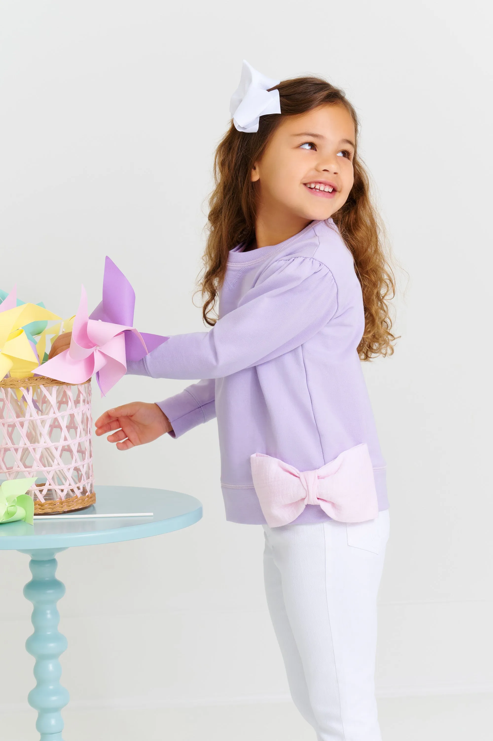 Puff Sleeve Cassidy Comfy Crewneck - Lauderdale Lavender with Palm Beach Pink Bow