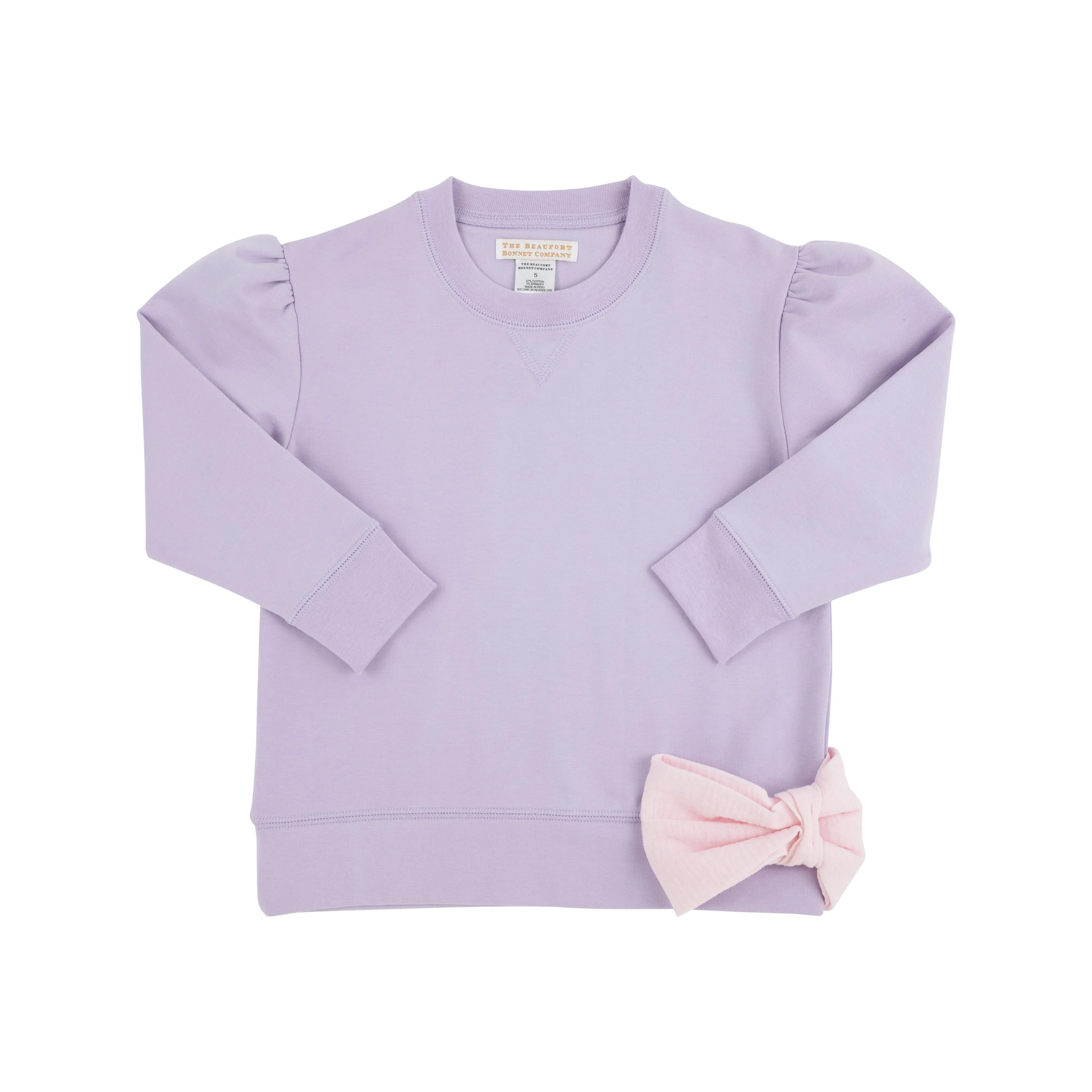 Puff Sleeve Cassidy Comfy Crewneck - Lauderdale Lavender with Palm Beach Pink Bow