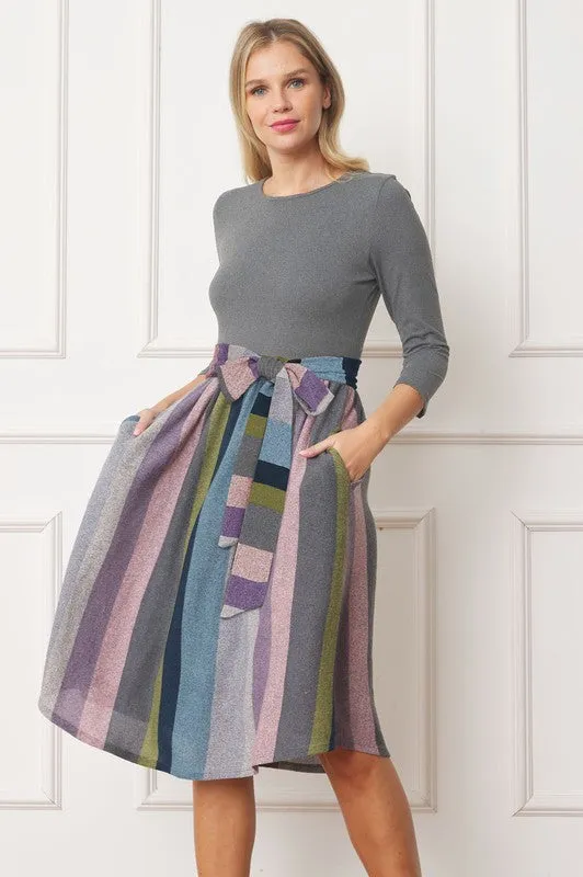 Quarter Sleeve Stripe Sash Midi Dress