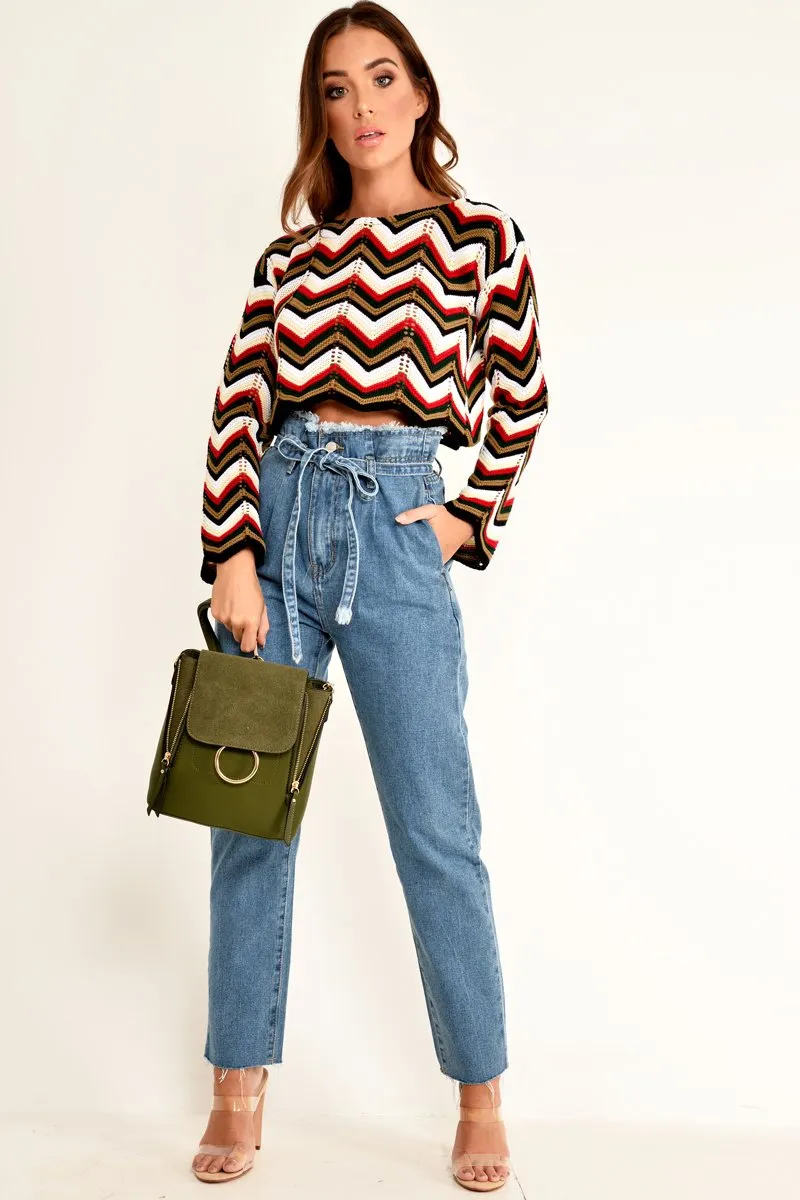Red Green Chevron Knit Crop Jumper - Stevi