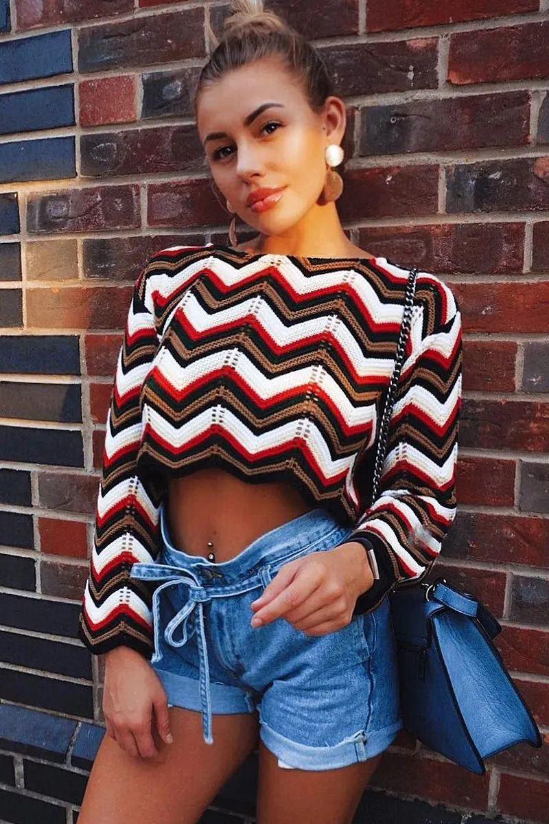 Red Green Chevron Knit Crop Jumper - Stevi