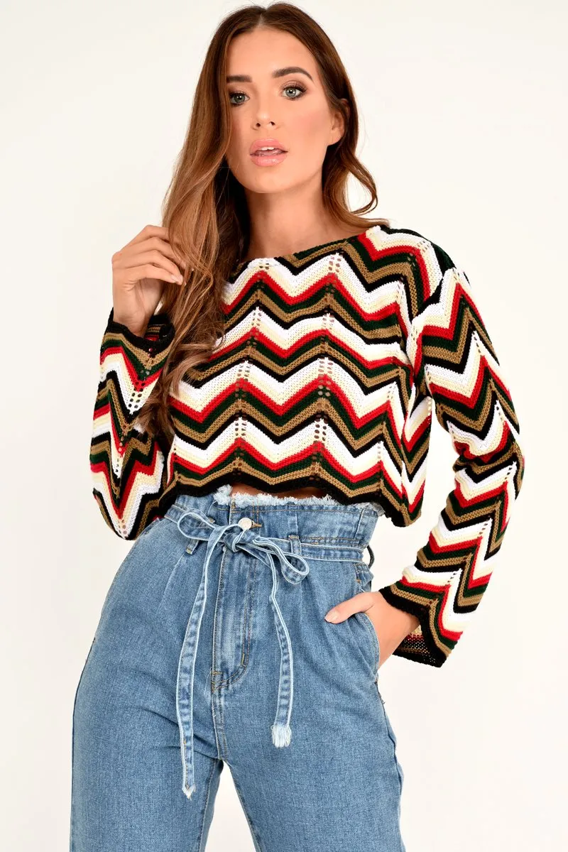 Red Green Chevron Knit Crop Jumper - Stevi