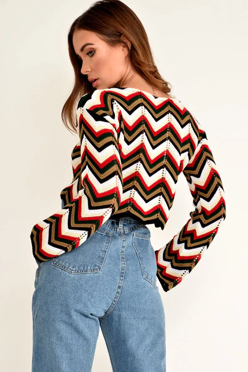 Red Green Chevron Knit Crop Jumper - Stevi