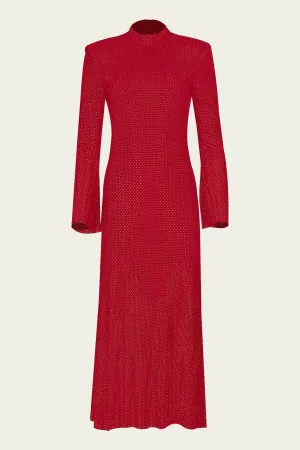 Red Rhinestone Fishnet Midi Dress