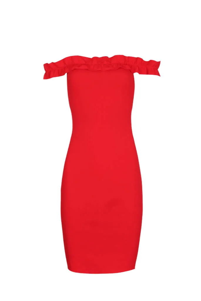 Red Ruffle Bardot Midi Dress