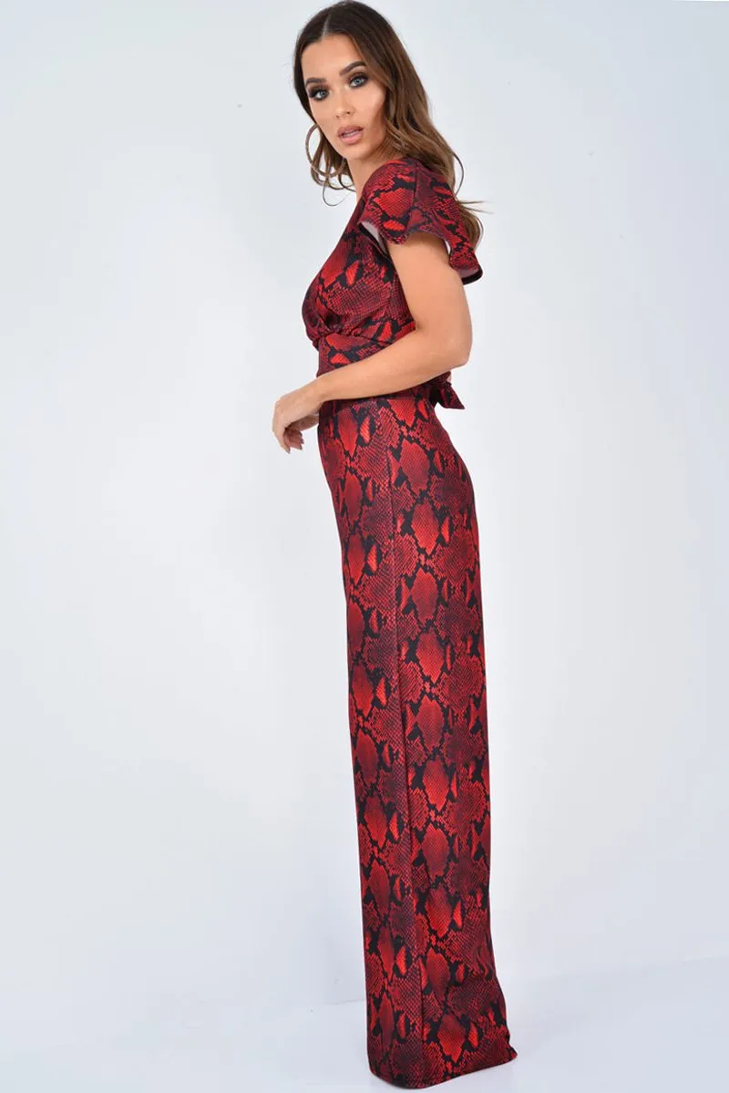 Red Snake Print Tie Back Crop Top And Wide Leg Trouser Co-ord - Georgine