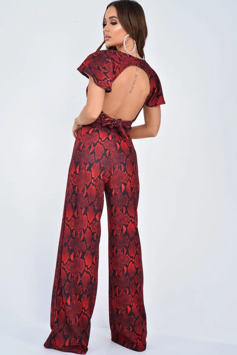 Red Snake Print Tie Back Crop Top And Wide Leg Trouser Co-ord - Georgine