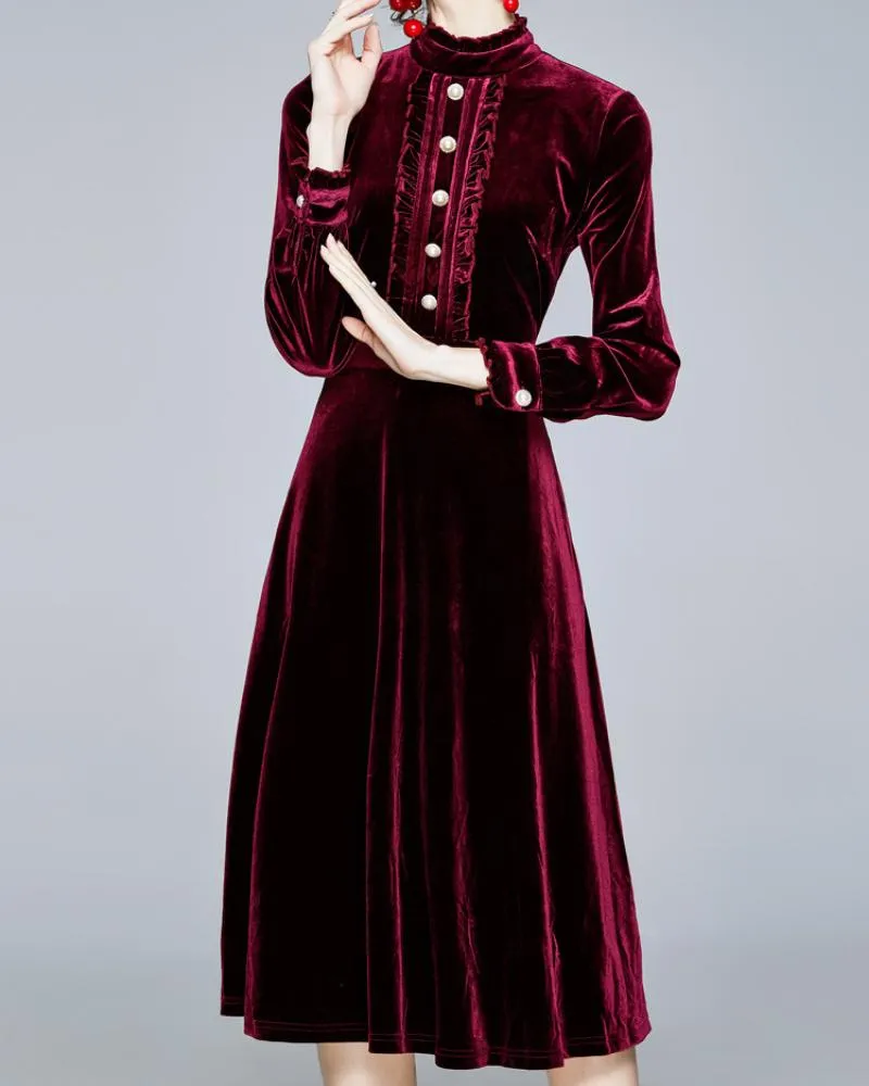 Red Velvet Pearl Button Single-breasted Midi Dresses