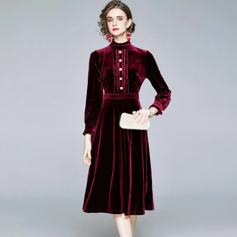 Red Velvet Pearl Button Single-breasted Midi Dresses
