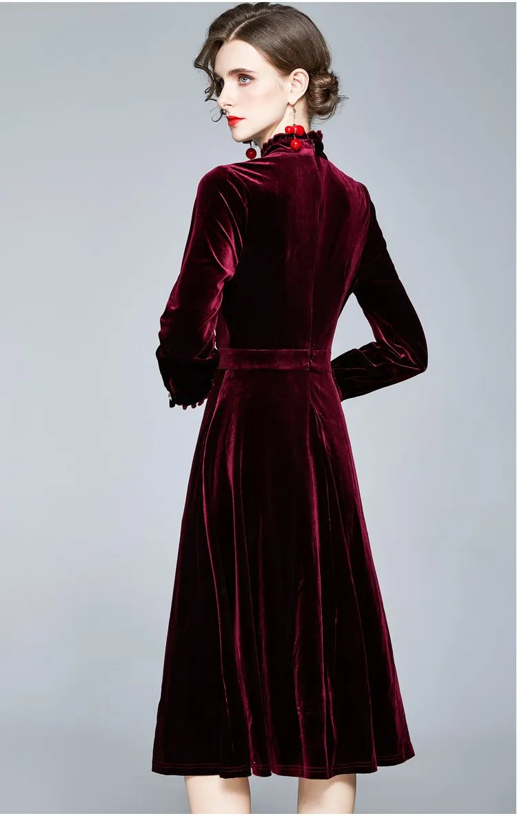 Red Velvet Pearl Button Single-breasted Midi Dresses