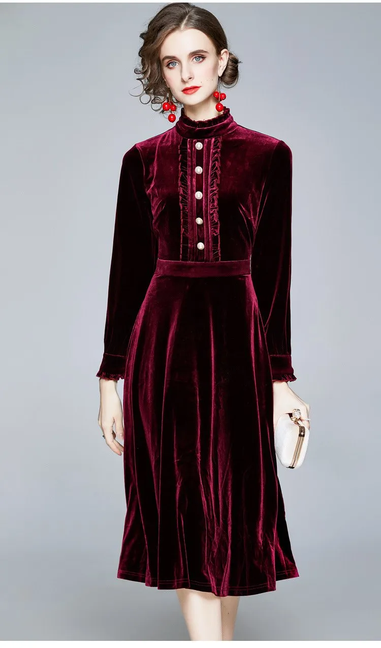 Red Velvet Pearl Button Single-breasted Midi Dresses