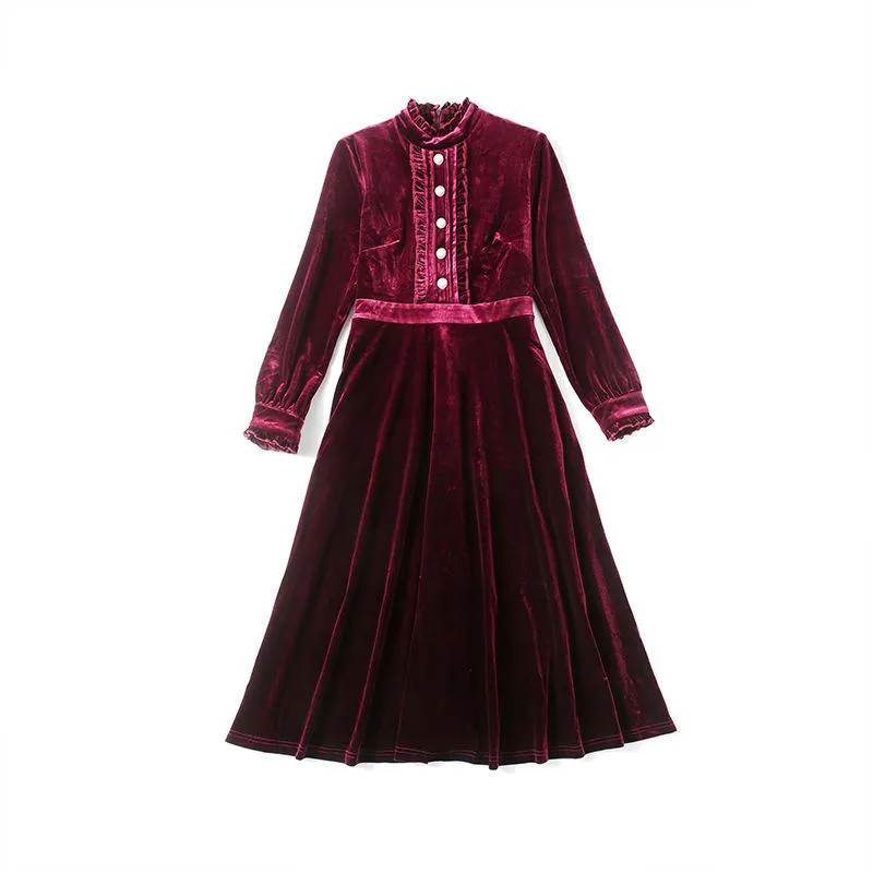 Red Velvet Pearl Button Single-breasted Midi Dresses