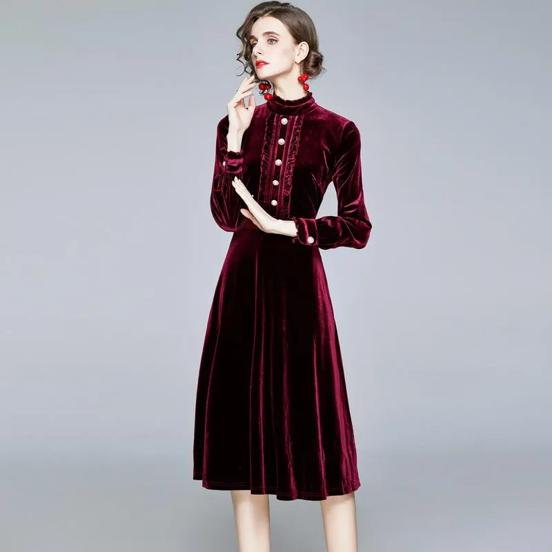 Red Velvet Pearl Button Single-breasted Midi Dresses