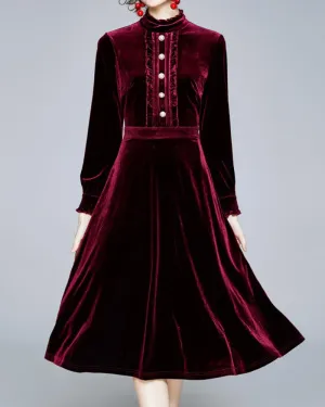Red Velvet Pearl Button Single-breasted Midi Dresses
