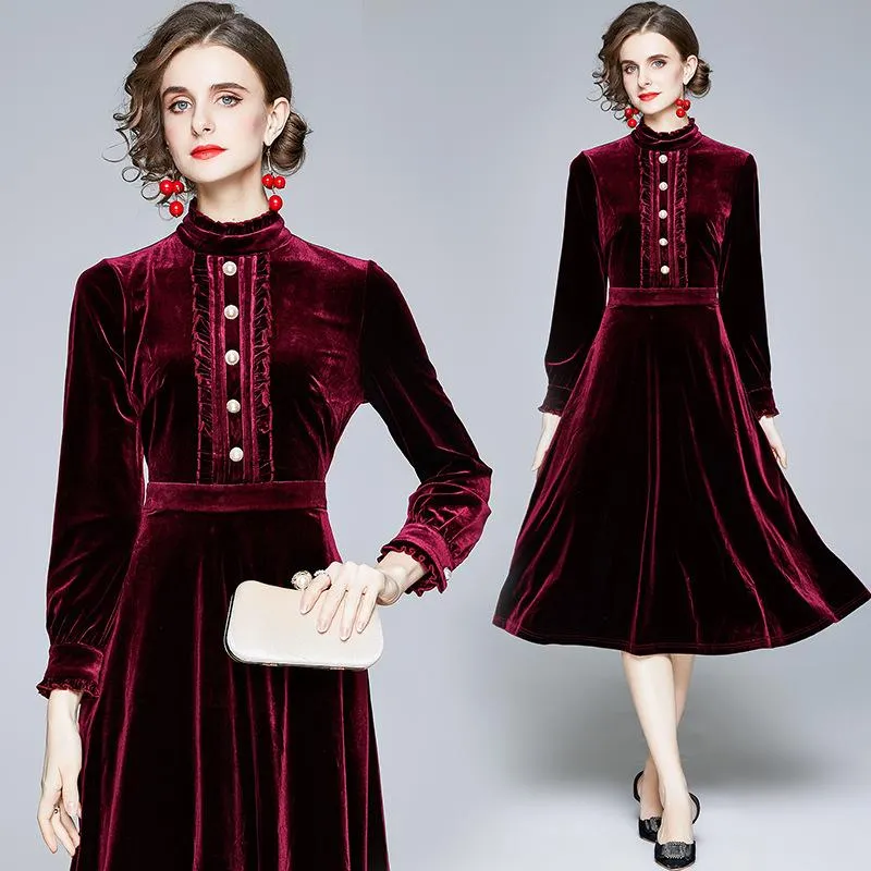 Red Velvet Pearl Button Single-breasted Midi Dresses