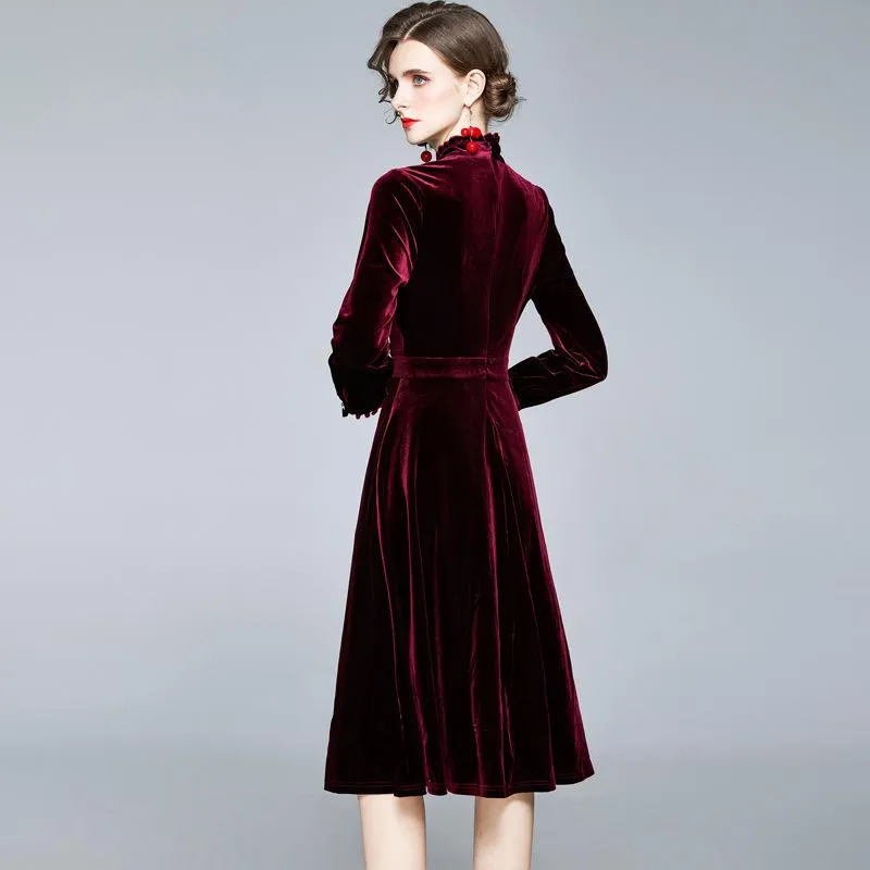 Red Velvet Pearl Button Single-breasted Midi Dresses