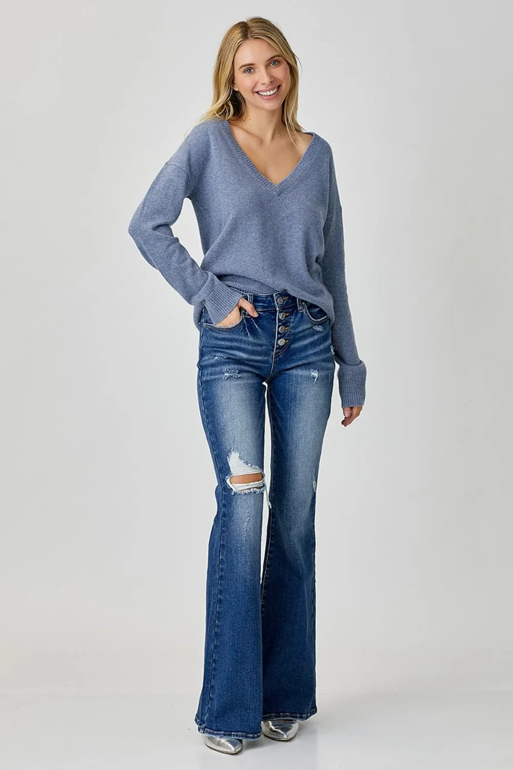 RISEN Distressed Button-Fly Flare Jeans ONLINE EXCLUSIVE