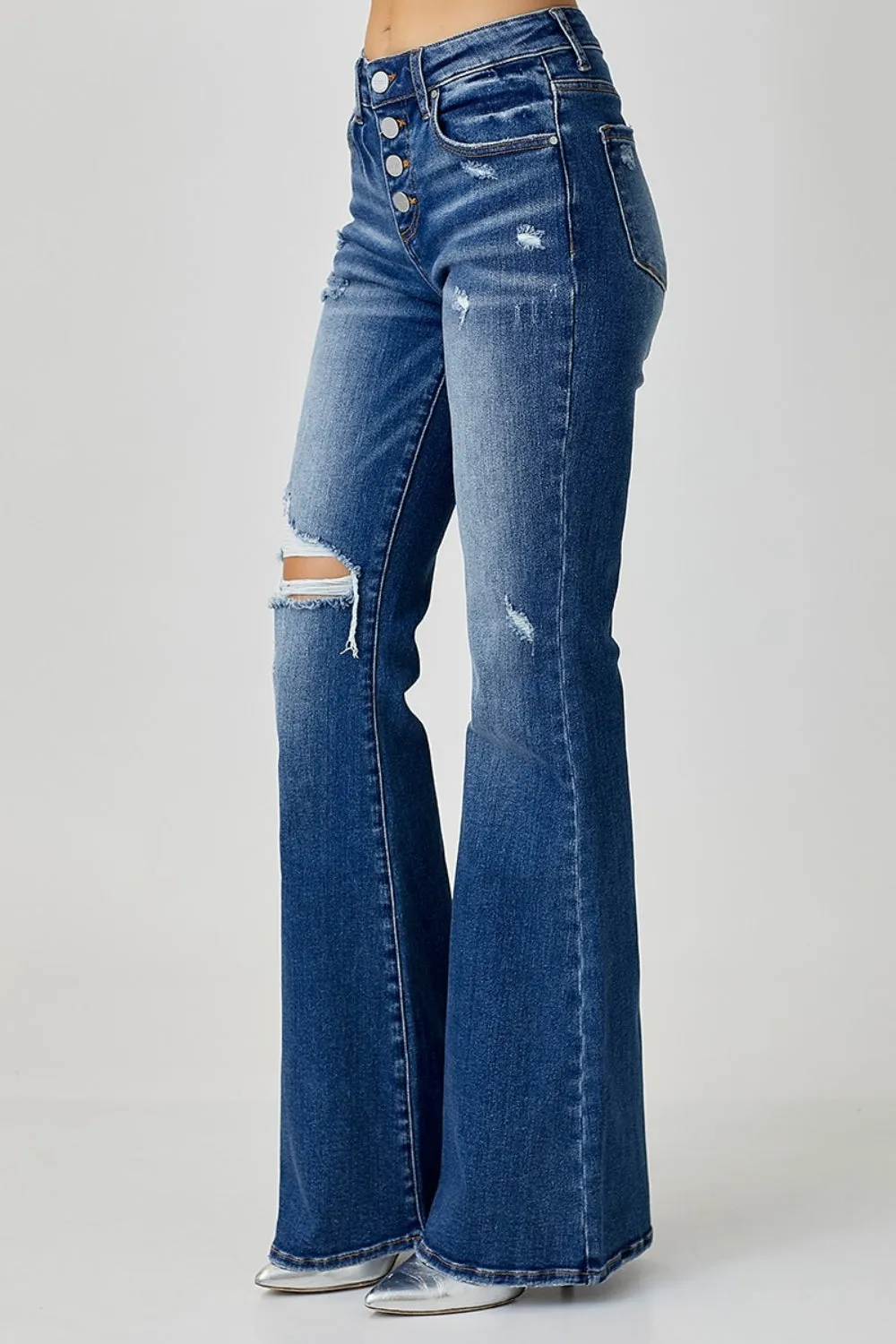 RISEN Distressed Button-Fly Flare Jeans ONLINE EXCLUSIVE