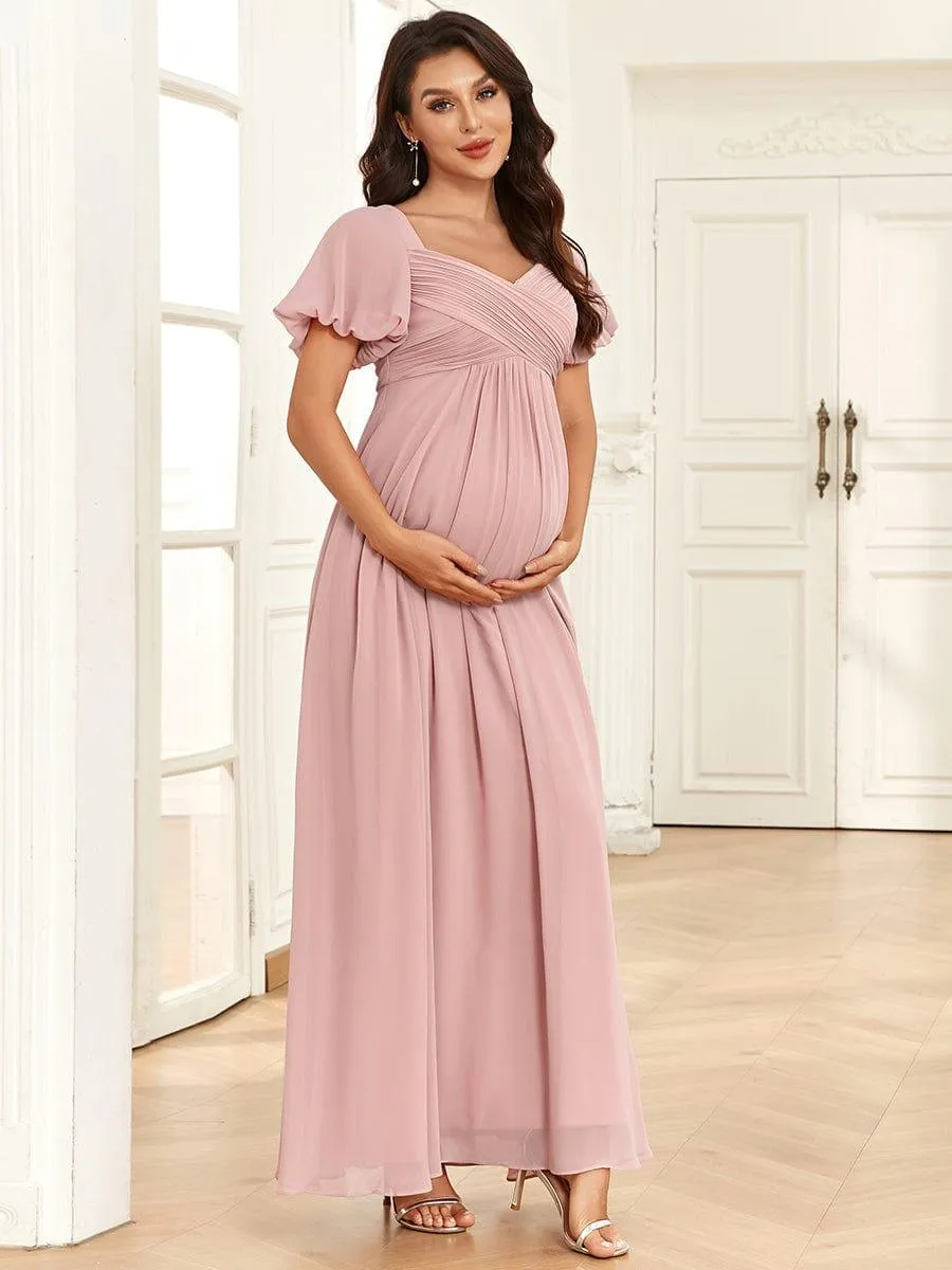 Robe de maternité plissée mousseline à col en V et dos noué(Vente finale)