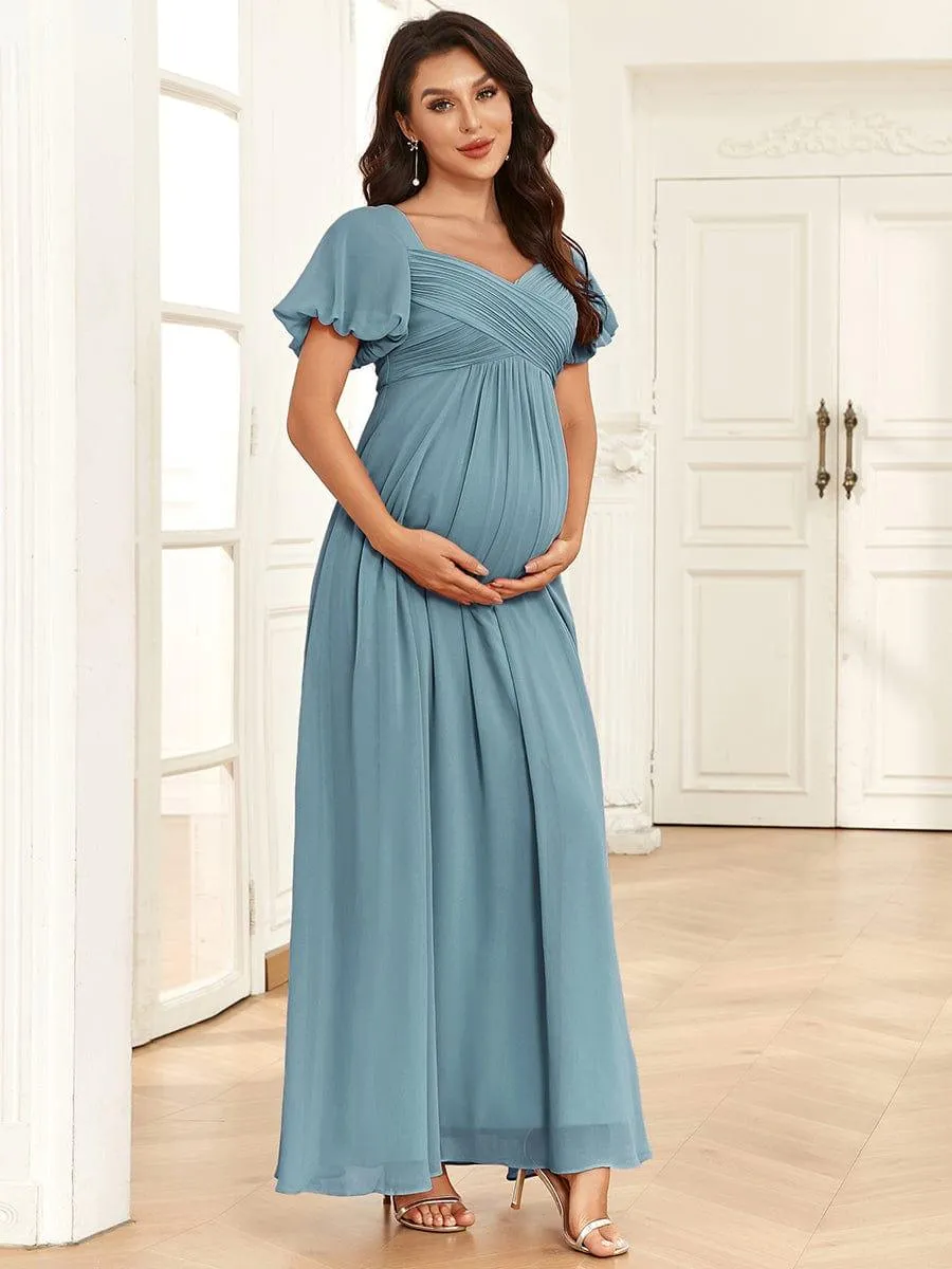 Robe de maternité plissée mousseline à col en V et dos noué(Vente finale)