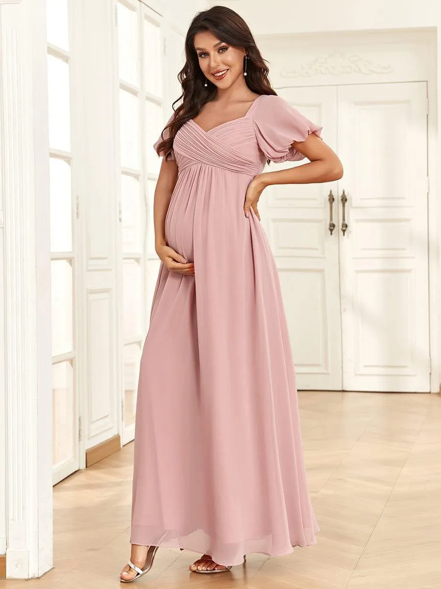 Robe de maternité plissée mousseline à col en V et dos noué(Vente finale)