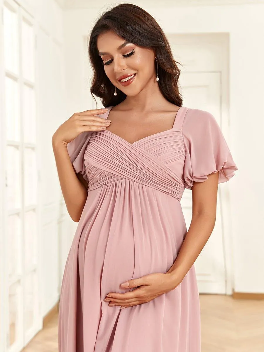 Robe de maternité plissée mousseline à col en V et dos noué(Vente finale)