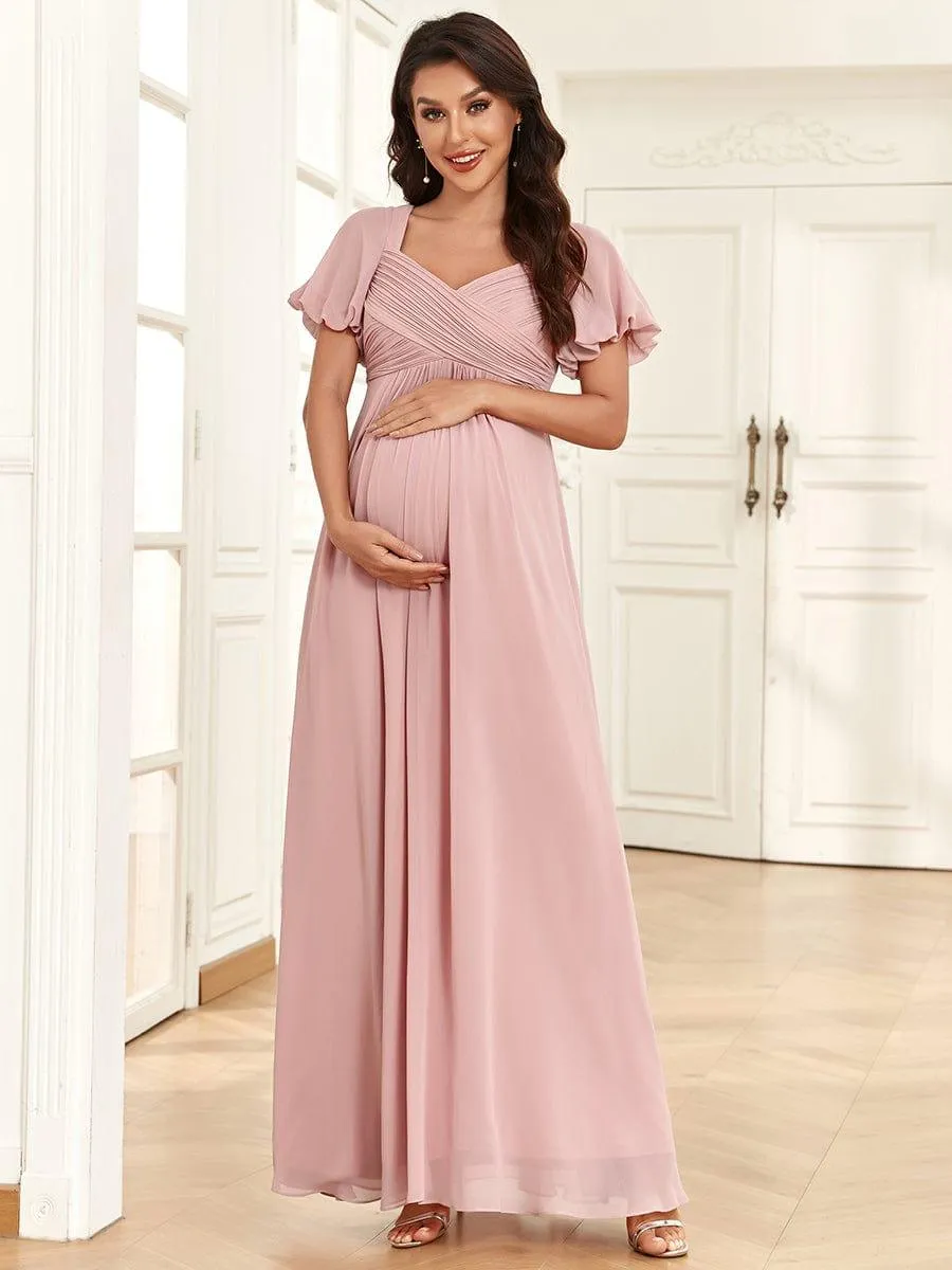 Robe de maternité plissée mousseline à col en V et dos noué(Vente finale)